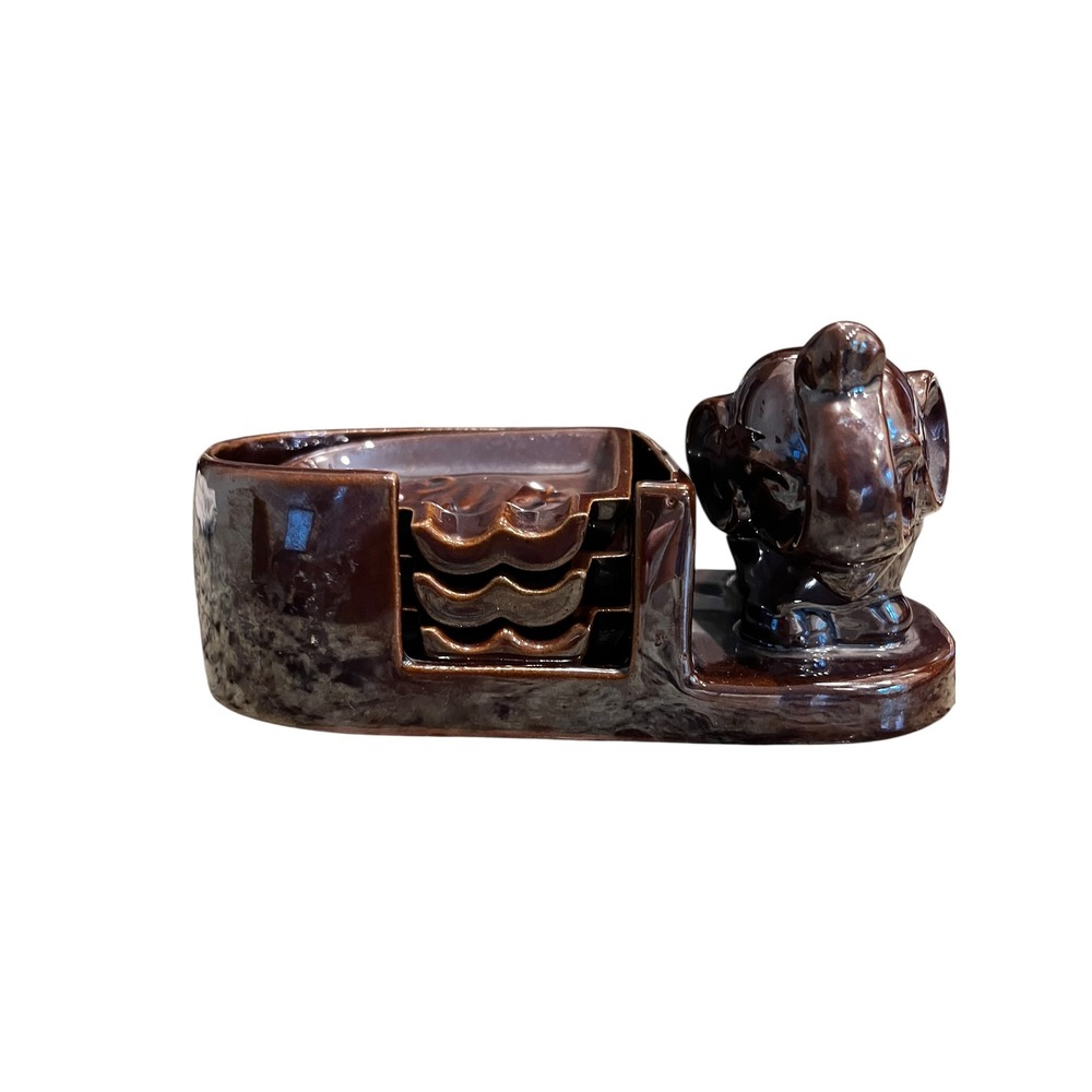 Vintage Ceramic Elephant Ashtray Set Brown Glazed Figural 3 Piece Nesting Trays